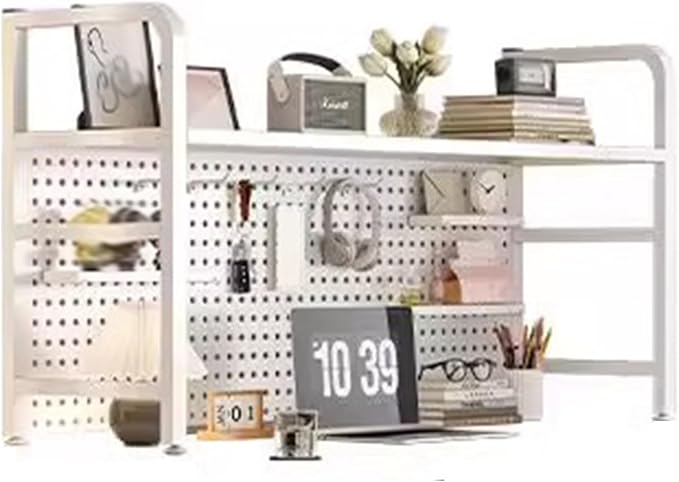 Peg Board, 2 Tier I Ndustrial Style Desktop Bookshelf， Pegboard Monitor Shelf, with 20 Hooks Modular Pegboard Shelf System for Home Office(White,75x20x68cm) by XILYZMO