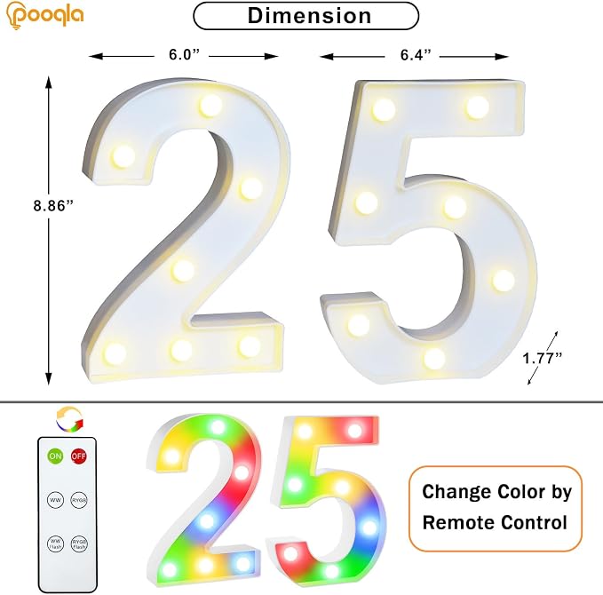 Pooqla 25th Birthday Decoration for Her Him, Decorative LED Light Up Numbers, Marquee Numbers 25 Sign for Party Backdrop 25th Wedding Anniversary Decor Gift, Warm White and Colorful Number 25 - Image 3