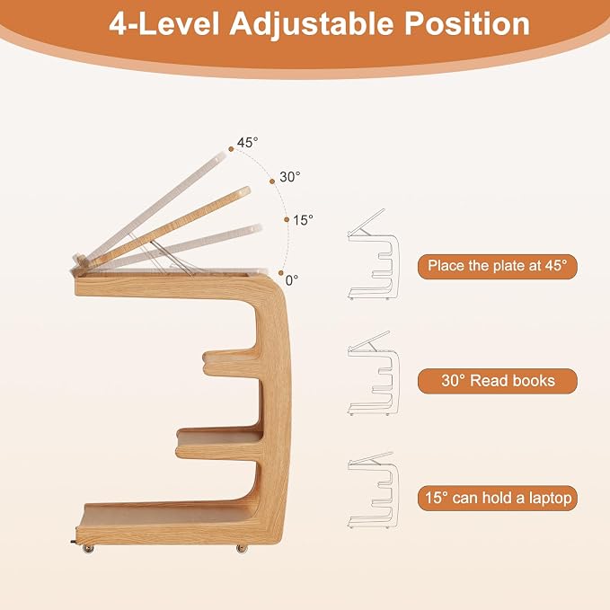 AQIMUELE Rolling Side Table, C Shaped End Table, C Table with 4 Wheels Solid Wood Small Rolling Desk with Adjustable Desktop,C Shaped End Table for Couch,Home Office(15.6" D x 23.6" W x 24.3" H) - Image 8