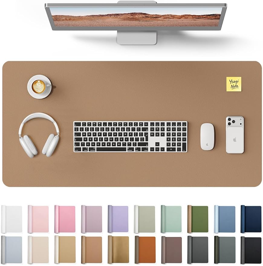 YSAGi Leather Desk Protector, Office Mat, Large Mouse Pad, Non-Slip PU Leather Blotter, Laptop Desk, Waterproof Writing Pad for Office and Home (Khaki, 35.4" x 17") by YSAGi