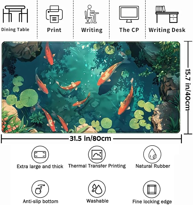 Koi Fish Desk Mat Gaming Koi Pond Desk Pad Large Cute Mouse Pad, Goldfish Mouse Mat XXL Laptop Keyboard Pad, Blue Waters Gamer Mouse Pad Full Mousepads Cool Office Accessories 31.5"x15.7" - Image 3