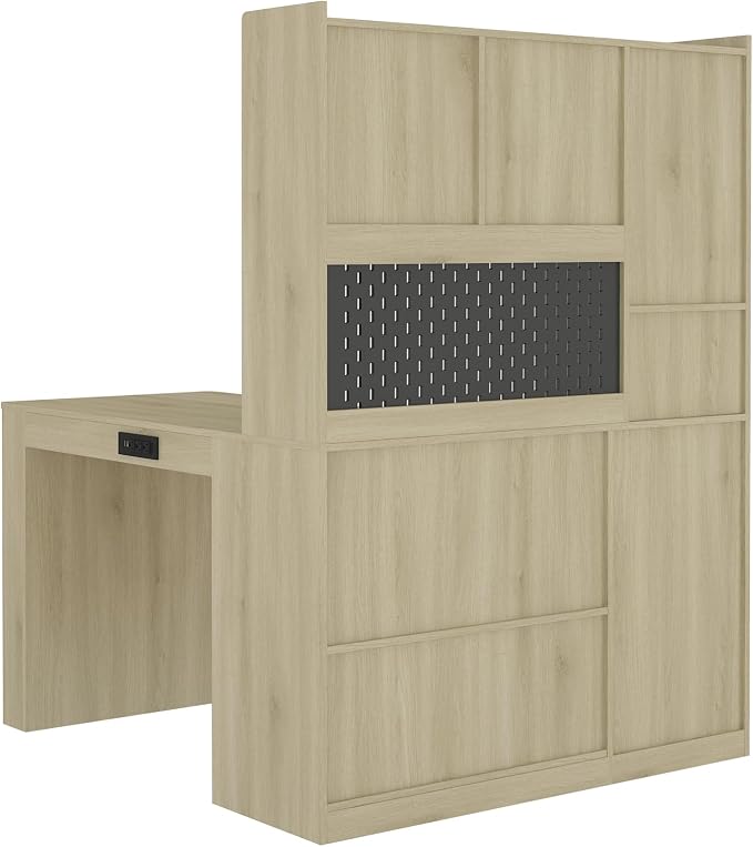 KEIKI L Shaped Home Office Desks with LED Light, Pegboard, Hutch, Drawers, Bookshelf & Storage Shelves, Modern Wooden Gaming Computer Corner Table for Work, Study, Writing - Image 4