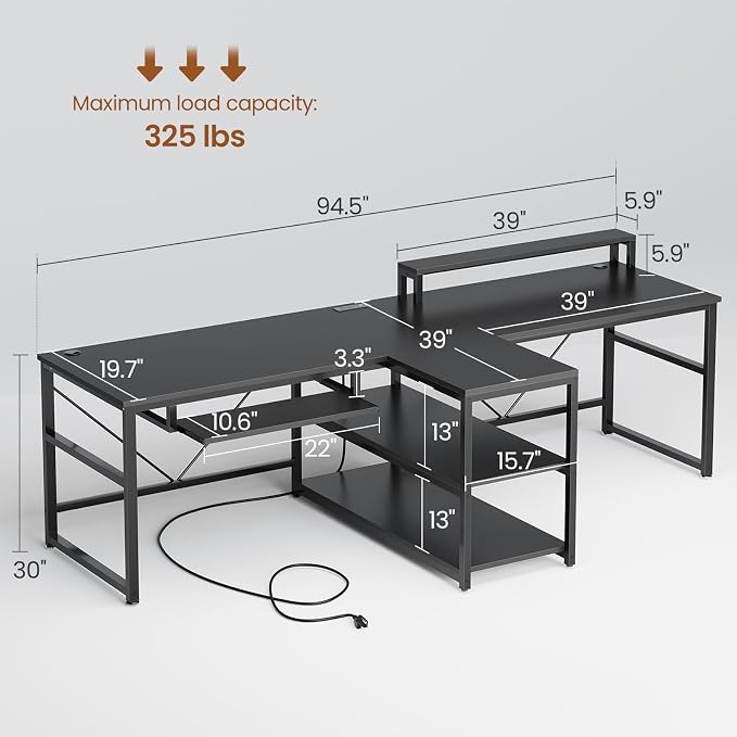 SEDETA 94.5" 2 Person Gaming Desk with Storage Shelves, LED Light, Black - Image 2