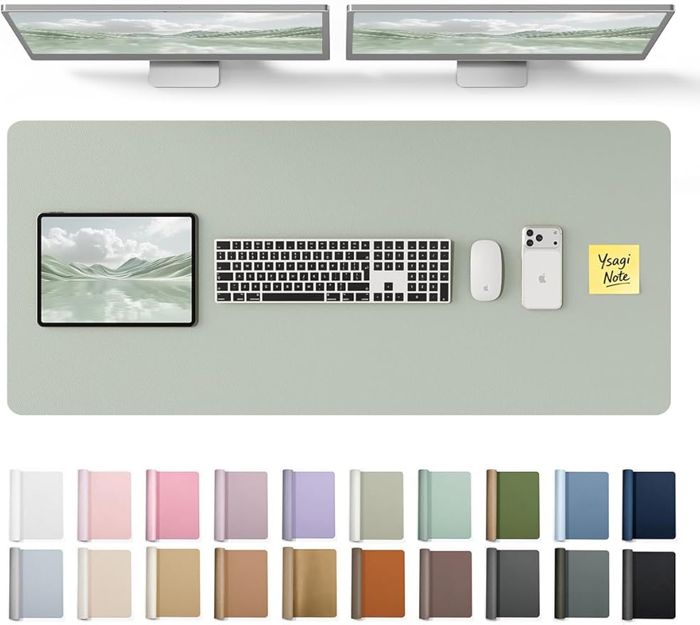 YSAGi Leather Desk Pad Protector, Office Desk Mat, Large Mouse Pad, Non-Slip PU Leather Desk Blotter, Laptop Desk Pad, Waterproof Desk Writing Pad for Office and Home (Grayish Green, 47" x 17") by YSAGi