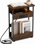 Narrow Side Table With Charging Station, 3-Tier End Table with 2 USB Ports & Power Outlets,Thin Sofa Side Table for Narrow and Small Spaces, Bedside Table Nightstand for Living Room,Rustic Brown by YEAKOO