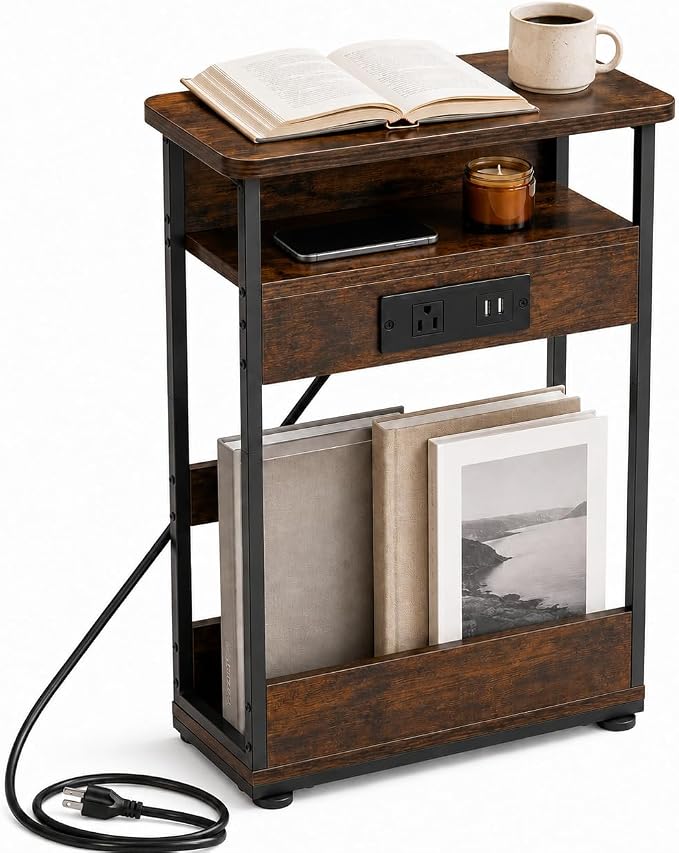 Narrow Side Table With Charging Station, 3-Tier End Table with 2 USB Ports & Power Outlets,Thin Sofa Side Table for Narrow and Small Spaces, Bedside Table Nightstand for Living Room,Rustic Brown by YEAKOO