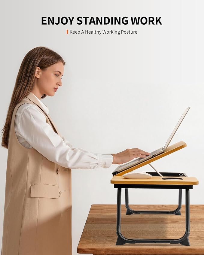 FISYOD Foldable Laptop Desk for Bed Couch, Adjustable Split Lap Desk with Cup Holder, Portable Lightweight Bed Table Tray, Heavy-Duty Laptop Stand for Working, Writing, Reading and Eating - Oak - Image 6