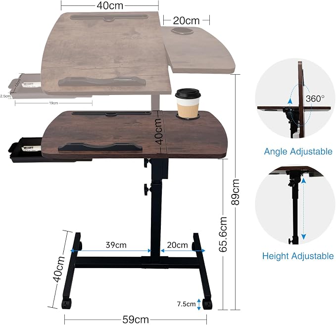 Overbed Table Height Adjustable Bedside Table Hospital Bed Table with 2 Tilting Desktops Mobile Laptop Desk with 2 Tilting Desktops Cup Holder Drawer for Office Home and Hospital - Image 2