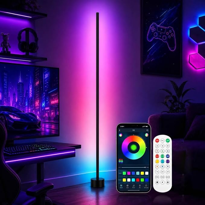 RGB Corner Floor Lamp, 16 Million Colors LED Ambient Light with Music Sync, App and Remote Control, Color Changing Standing Lamp for Gaming Room, Bedroom and Living Room by NAHIPO