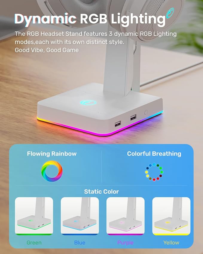 IFYOO RGB Gaming Headset Stand with 2 USB Ports, Game Headphone Mount for PC, Xbox One, PS4, Switch, Earphone Holder Hanger, Great for Gaming Stations, Fancy Desk Gamer Accessories, White - Image 3