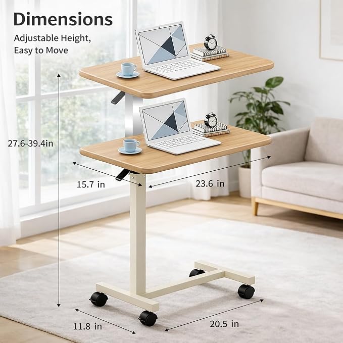 Adjustable Overbed Table with Wheels, Pneumatic Height Lift Rolling Bedside Table, Standing Desk for Home & Office Use, Ideal for Seniors & Limited Mobility(Walnut White) - Image 2