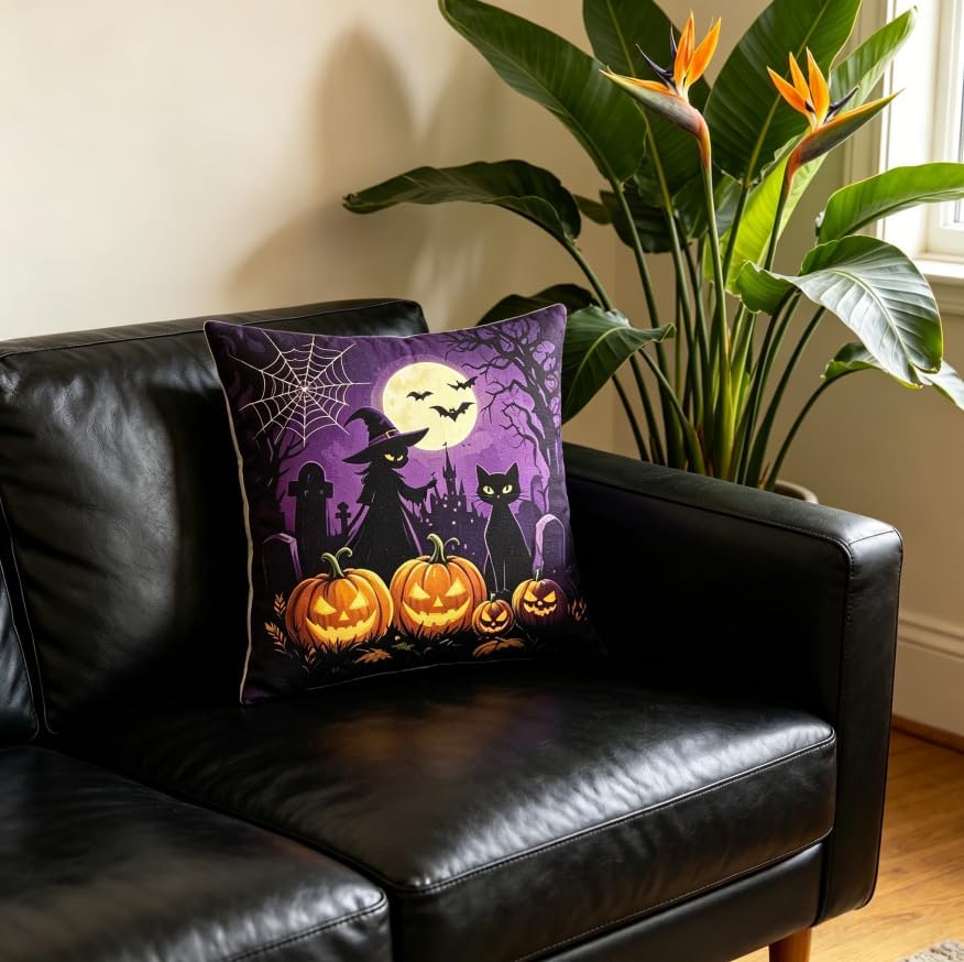 Halloween Throw Pillow Covers, Witch Pumpkin Bat Spider Web, Linen, 18x18 Inch, Set of 2, Machine Washable - Image 4