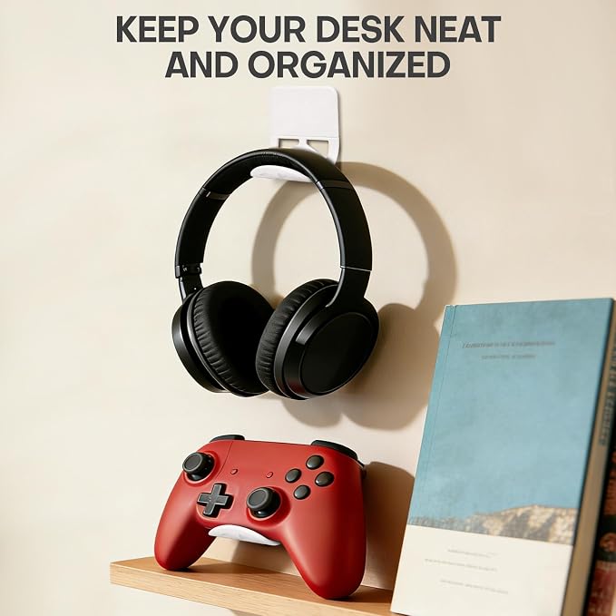 Wall Mount Headphone Stand, 2-in-1 Bendable Silicone Controller Holder, Adhesive Under Desk Hook for Gaming Office & Home, Fits All Headphones for PS5 Xbox Controllers - 1 Pack (Black/White) - Image 8