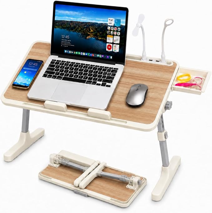 Laptop Desk for Bed, Height & Angle Adjustable Lap Desk with USB Cooling Fan, LED Light and USB Ports, Foldable Portable Laptop Table for Couch, Sofa, Floor, Reading, Writing (Walnut) by PHANCIR