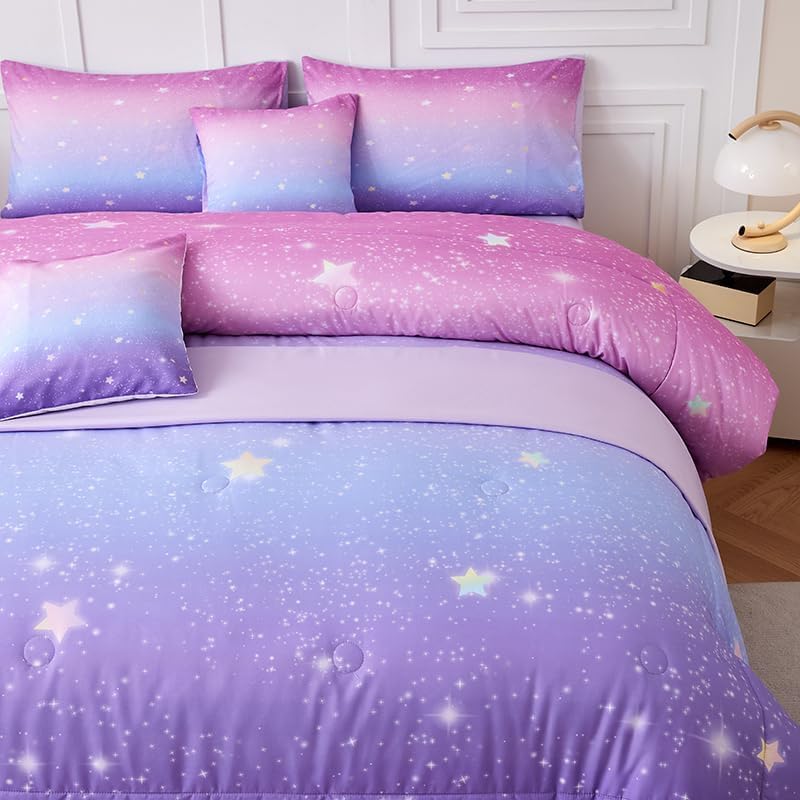 Helloosun 7PCS Pink and Purple Comforter Set Twin,Girls Galaxy Bedding Set,Purple Bedding Twin,Bed in A Bag Comforter for Children Girls Teen Kids,Bedroom Bed Decoration - Image 2