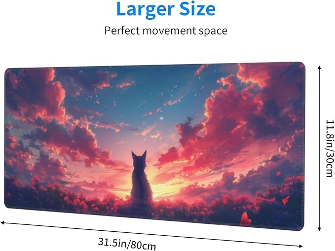 Gaming Mouse Pad Desk Pad,Extended Big Mouse Pad,31.5x11.8 Inch Long Computer Keyboard Mouse Mat Mousepad with 3mm Non-Slip Base and Stitched Edge for Gaming and Office… (Sunset Cat) - Image 2