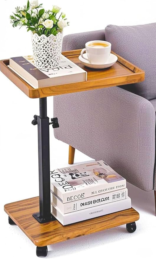 C Table End Table Adjustable Height,C Shaped End for Couch，Snack Tables,360°Swivel TV Tray Sofa Table,Tables that Slide Under,Coffee SideTable for Bed,Chair,Bath-tub (Original Wood Color) by BohodiyCShapedEndTable