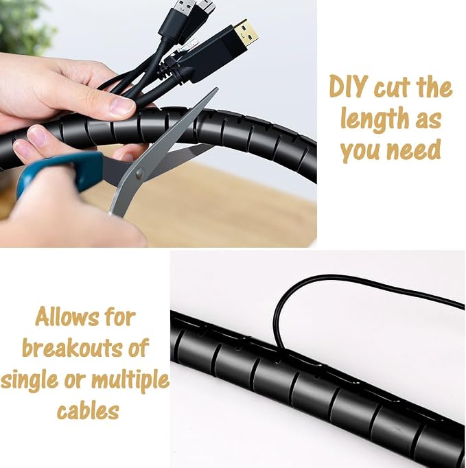 Large PC Cable Management Tube Sleeve Under Desk Wire Organizer for Cords 2 PCS Black, 1.1 inch -5 ft EZ Spiral Cable Wrap Cover Bundler w/Clips for TV Office, Pet Proof Cable Protector - Image 6