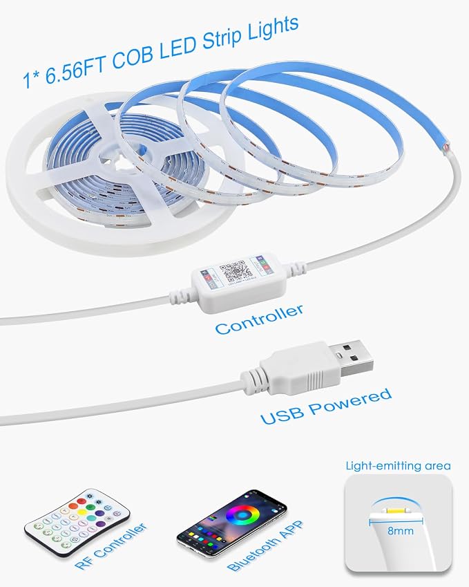 Bluetooth USB RGB COB LED Strip Lights 5V with Remote Control 6.56FT/2M Music Sync Color Changing TV Backlight for Bedroom 576LED/M Multicolor Flexible Self-Adhesive Under Cabinet Tape Lights - Image 8