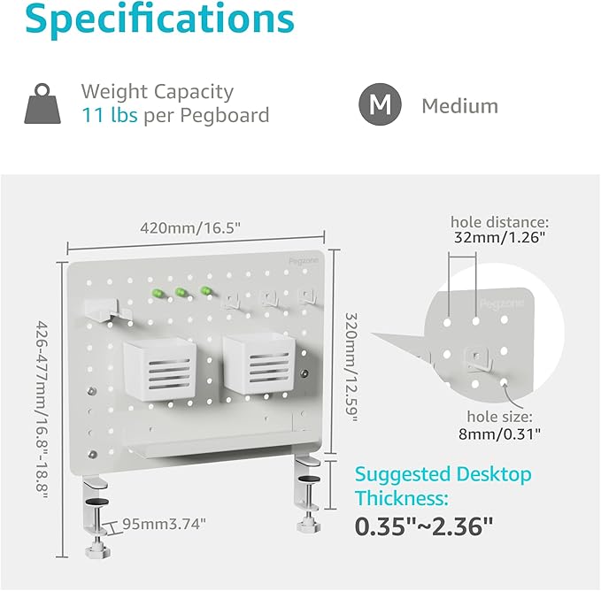 PEGZONE Clamp on Desk Pegboard, 16.5" x 12.6", with 10 Accessories, White | Magnetic Metal Peg Board, Desk Organizer for Office Gaming Home, Privacy Panel, Medium - Image 6