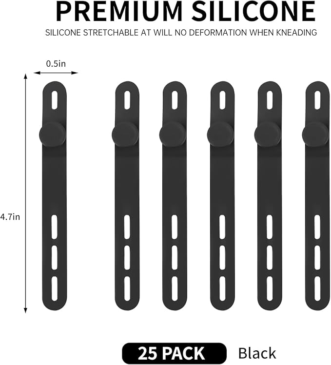 Oligei 25 Pcs Silicone Cable Ties, Cable Ties Reusable, High Elasticity Cord Wraps for Electrical Cords, Cord Organizer for Earphone, Phone Charger(Black) - Image 2