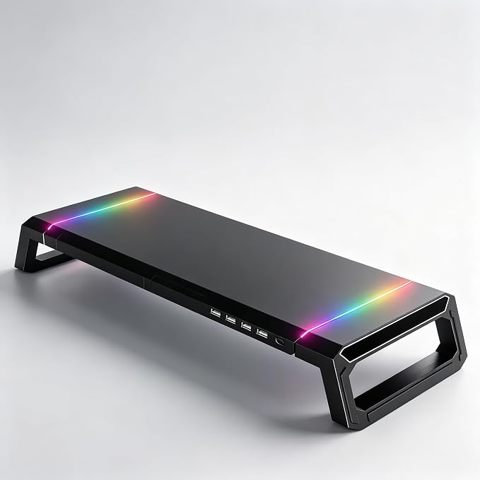 Computer Monitor Stand Riser with Storage Drawer, USB Hub, RGB | Adjustable 16.1-21.7 in width; holds 72 lb; phone holder; fits a wide monitor or laptop; gaming desk organizer, black by Unknown