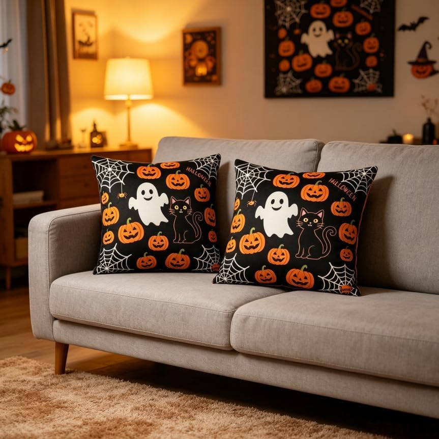 Halloween Throw Pillow Covers, Ghost Pumpkin Spider Web Black Cat Design, Linen, 18x18 Inch, Set of 2 - Image 7