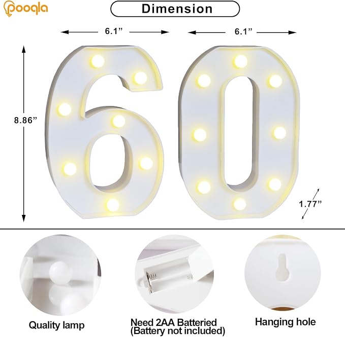 Pooqla 60th Birthday Decoration for Woman Man, Decorative LED Light Up Numbers, Marquee Numbers 60 Sign for Party Backdrop 60th Wedding Anniversary Decor, Warm White and Cool White Number 60 - Image 5