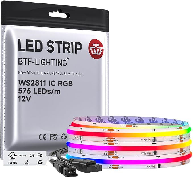 BTF-LIGHTING RGB WS2811 Smart IC FCOB COB LED Strip, UL Listed 576LEDs/m High Density Color Chasing Uniform Light, DC12V 9.8FT 10mm Width Tape Light for Home Party DIY Decor(No Adapter or Controller) by BTF-LIGHTING
