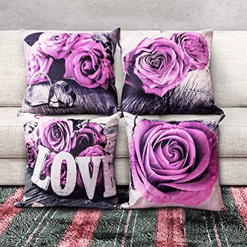 Light Purple Throw Pillow Covers Set of 4 18x18 Inch Bedroom Living Room Decorative Flower Rose Pillow Cases Cotton Linen Square Couch Sofa Chair Indoor Outdoor Patio Car Cushion Covers Home Decor by YOOOAHU