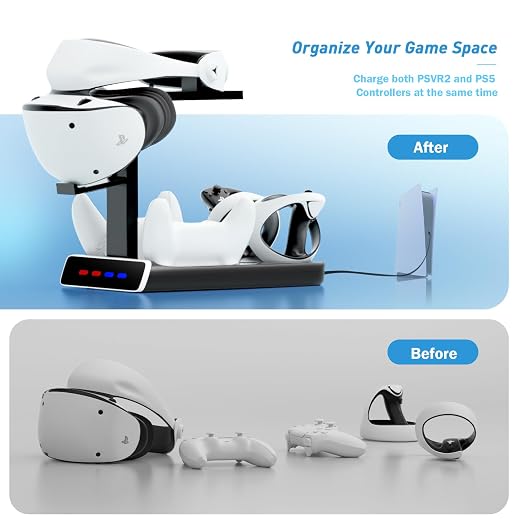 3-in-1 Controller Charging Dock for PSVR2 and PS5, VR Stand Display with LED Light, PS5 VR2 Storage Base Gaming Accessories, 4 Magnetic Clasp & Type-C Cable - Image 4