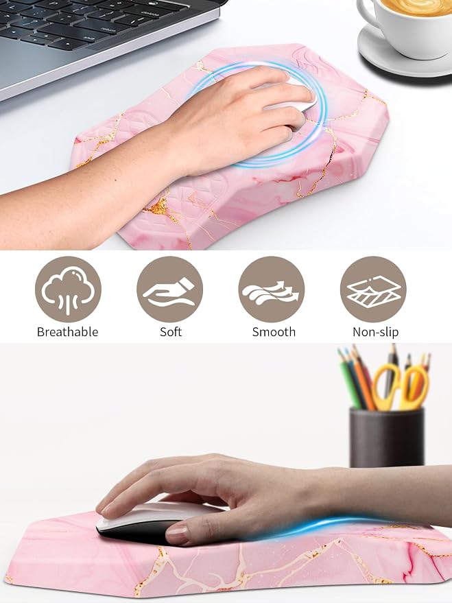 3-in-1 Ergonomic Keyboard Stand with Wrist Rest & Mouse Pad Set,Pink Marble | Comfy Keyboard Riser Holder Soft Mousepad with Massage Design, Memory Foam and Non-Slip PU Base for Pain Relief - Image 5