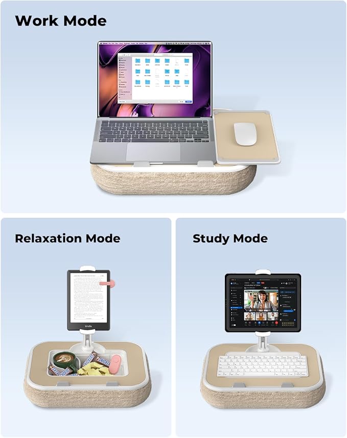 Viozon Kindle Pillow Stand Holder, Phone Holder for Bed, Laptop Lap Desk with Mouse Pad,Compatible with 4.7-13" Kindle/Tablet/Phone,10-15" Laptop, Snack Bowl&Cup Attachment&Detachable 360° Stand Arm - Image 2