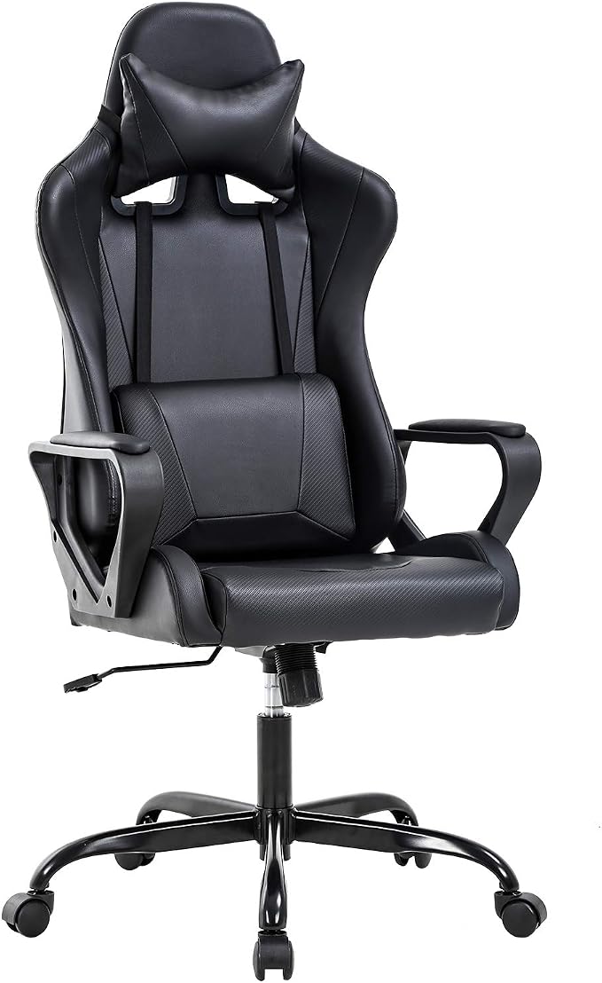 BestOffice Gaming Chair | Black | Desk Chair with Adjustable Lumbar Support | Headrest Pillow | Ergonomic Racing Style Seat with Recline, Swivel Base & Rolling Wheels | For Gamers, Home, Office - Image 9
