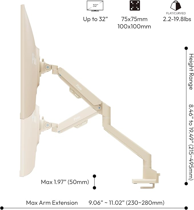 Pixio PS1S Wave Beige Single Monitor Arm Stand Desk Mount - Fits up to 32 inches Monitors and up to 19.8lbs. VESA Compatibility and Integrated Cable Management - Image 4