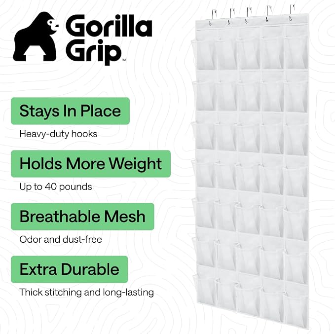 GORILLA GRIP Over the Door Shoe Organizer, 35 Large Pockets, White - Image 2