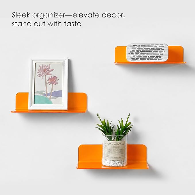 OAPRIRE Small Acrylic Floating Wall Shelves Set of 2, Flexible Use of Wall Space, 9 Inch Adhesive Display Shelf for Security Cameras/Smart Speaker/Action Figures, with Cable Clips - Clear Orange - Image 9