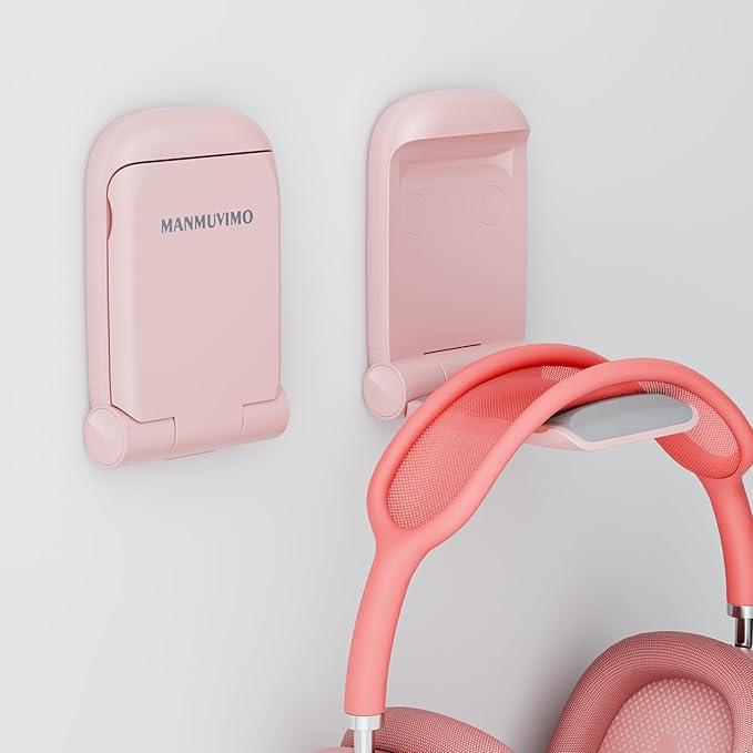 MAMUVIMO Headphone Stand, Headset Stand Foldable ＆ Sticky, Headphone Holder Hook Mount with Non-Slip Silicone, Adhesive Earphone Desk Hanger Clip Space-Saving for Airpods Max, All Earphones- Pink by MANMUVIMO
