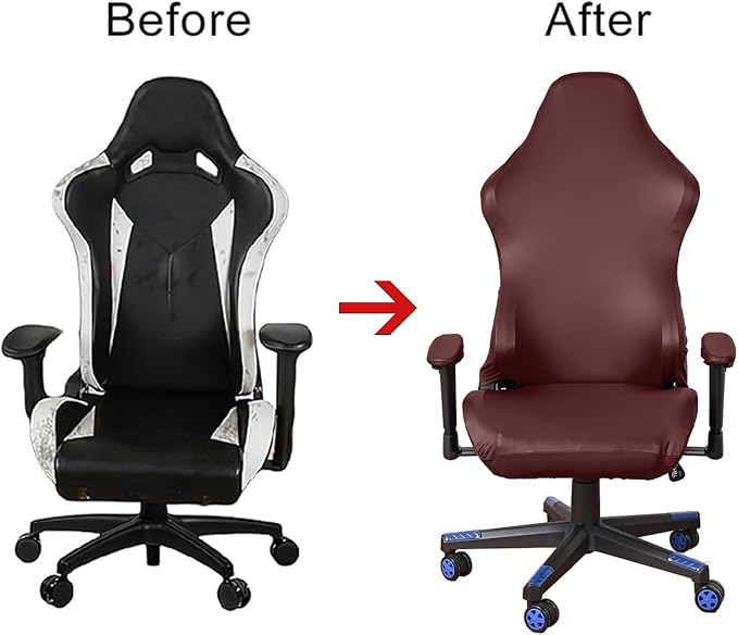 Waterproof PU Leather Gaming Chair Cover, Ergonomic Office Computer Game Chair Slipcovers, 4pcs Set Anti-Slip Stretchy Covers for Reclining Racing Gaming Chair (Wine Red) - Image 6