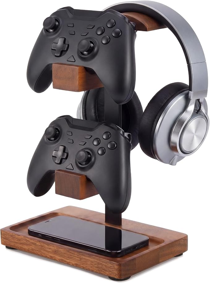 Headphone Stand with Controller Holder, Gaming Headset Stand for Desk, Walnut Headphone Holder Desk Organizer Gaming Accessories Gift for Gamers (Light Walnut) - Image 8