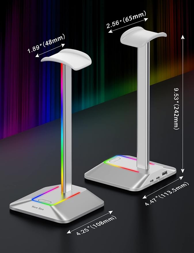 New Bee RGB Headphone Stand with 1 USB-C Charging Port and 1 USB Charging Port, Desk Gaming Headset Stand with 7 Light Modes and Non-Slip Rubber Base Suitable for All Earphone Accessories (Silver) | USB-C & USB Charging Ports, Stable Desktop Earphone S... - Image 5