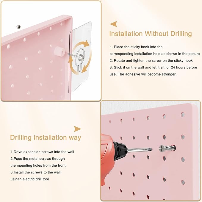 FZK Modular Plastic Pegboard Wall Organizer Kit, Pink, 12x12, 4 Panels | ABS material, wall mount storage kit, includes hooks and shelves, drill free or screw installation, for home decor& bedroom - Image 6