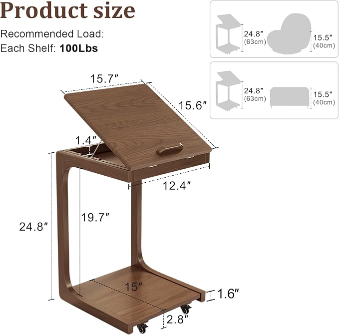 AQIMUELE Wooden C-Shaped End Table,Couch Table with Adjustable Desktop,Small Rolling Side Table with 2 Lockable Wheels,Small End Table for Couch, Living Room,Bedroom (Walnut) - Image 6