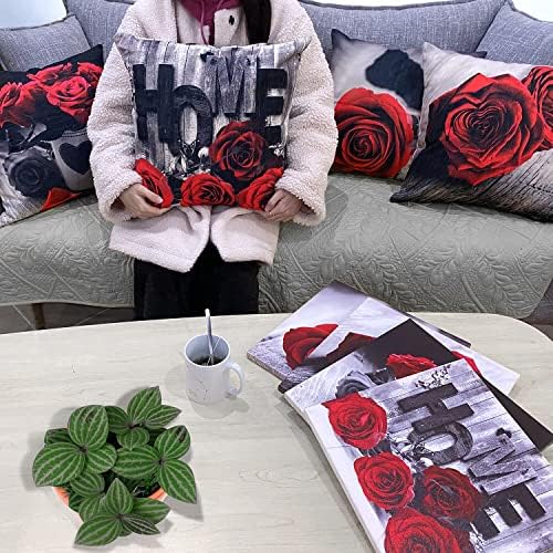 Farmhouse Floral Pillow Covers 18x18 Set of 4, Black Red Rose Throw Pillow Cover for Couch Home Decor, Vintage Cotton Linen Square Flower Cushion Case Sofa Bedroom Outdoor Patio Furniture Decoration - Image 4