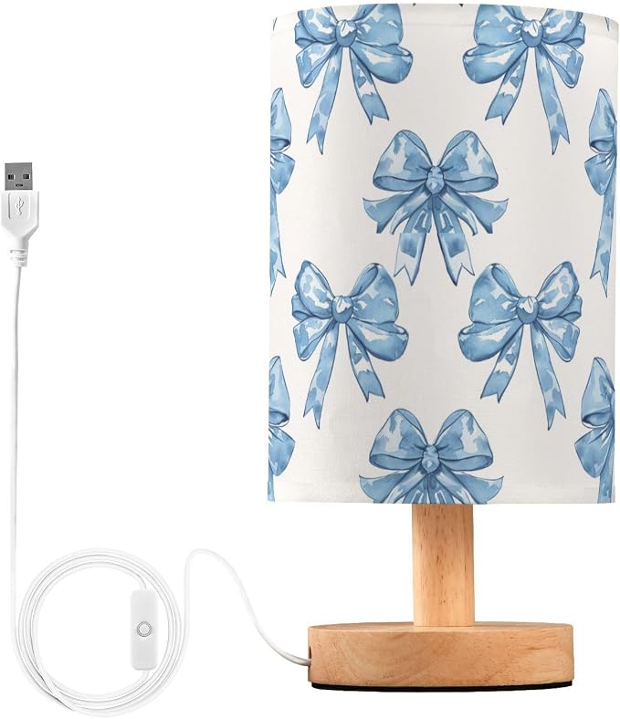 Bedside Table Lamp Blue Bows Printed Nightstand Lamp with Wood Desk Lamps for Bedroom Living Room Nursery Office Home Decor by Oarencol