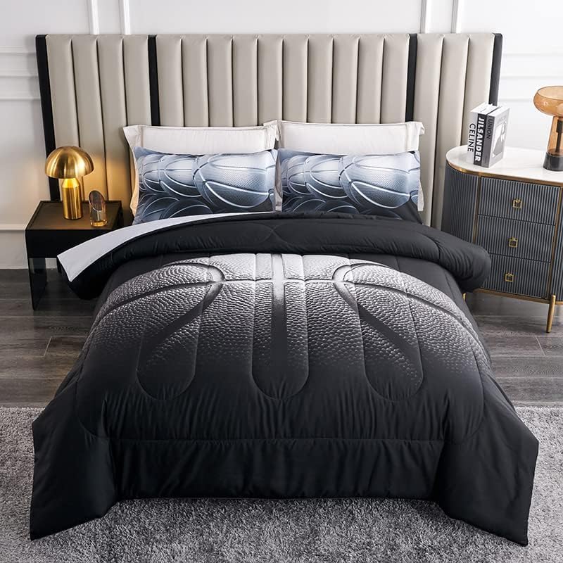 Teen Boy Comforter Set Queen,Basketball Bedding Set for Kids Boys Teens,Black and Grey Sports Comforter Queen with 2 Pillowcases,Basketball Comforters Queen Size for Boys,All Season Use by Helloosuucomforterset