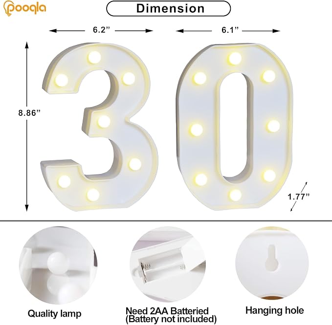 Pooqla 30th Birthday Decoration for Her Him, Decorative LED Light Up Numbers, Marquee Numbers 30 Sign for Party Backdrop 30th Wedding Anniversary Decor, Warm White and Cool White Number 30 - Image 5