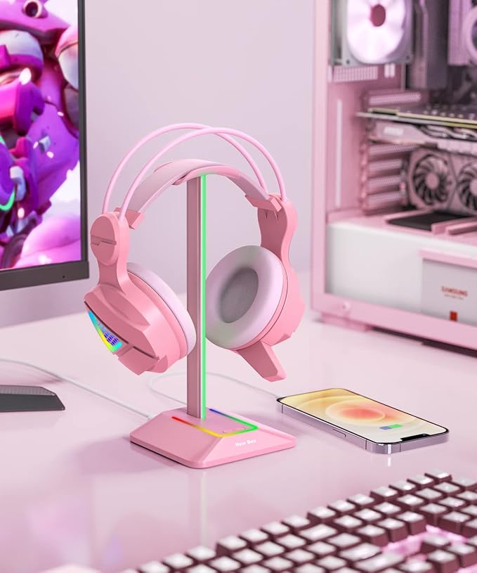 New Bee RGB Headphone Stand Gaming Headset Holder USB Charger Desktop Pink | USB-C & USB Charging Ports, Stable Desktop Earphone Stand for All Headphones Size - Image 6
