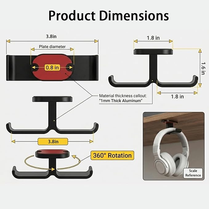 Under Desk Headphone Hanger, 360° Rotatable Dual Headset Holder with Strong Adhesive & Screws, All-Aluminum Metal Headphone Hook for Gaming Home Office – Black - Image 2