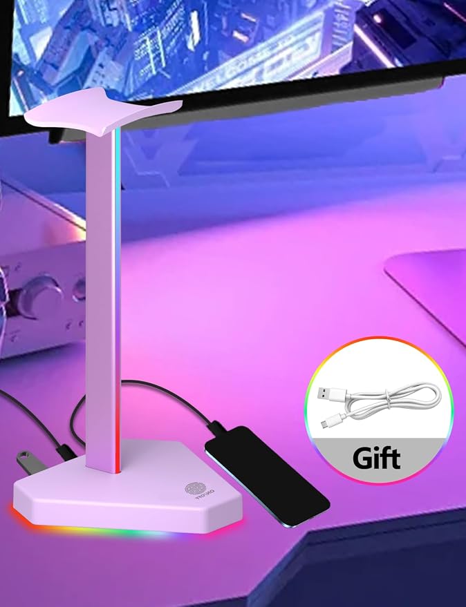 RGB Headphones Stand with 1 USB-C Data Transmission& 3 Type-C Charging Port, Desk Gaming Headset Holder with 7 Light Modes and Non-Slip Rubber Base (Purple) - Image 4